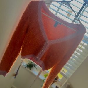 90s fuzzy orange and pink crop top w pearl buttons